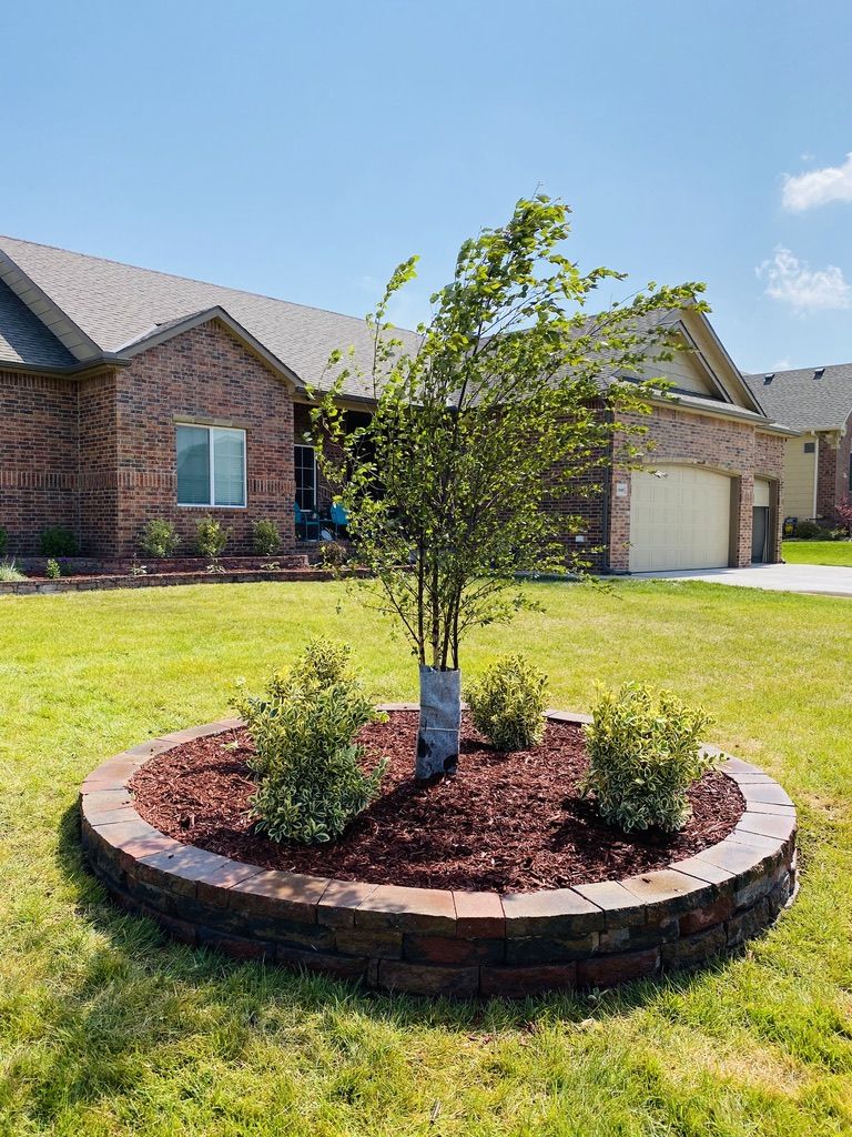 Round stone wall bed with a young tree, shrubs and fresh mulch in the middle of the lawn